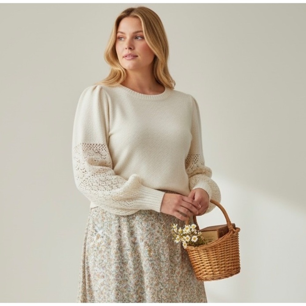 Old Navy‎ Cream Puff Sleeve Plus Size 2X Eyelet Knit Sweater Boho Cottagecore